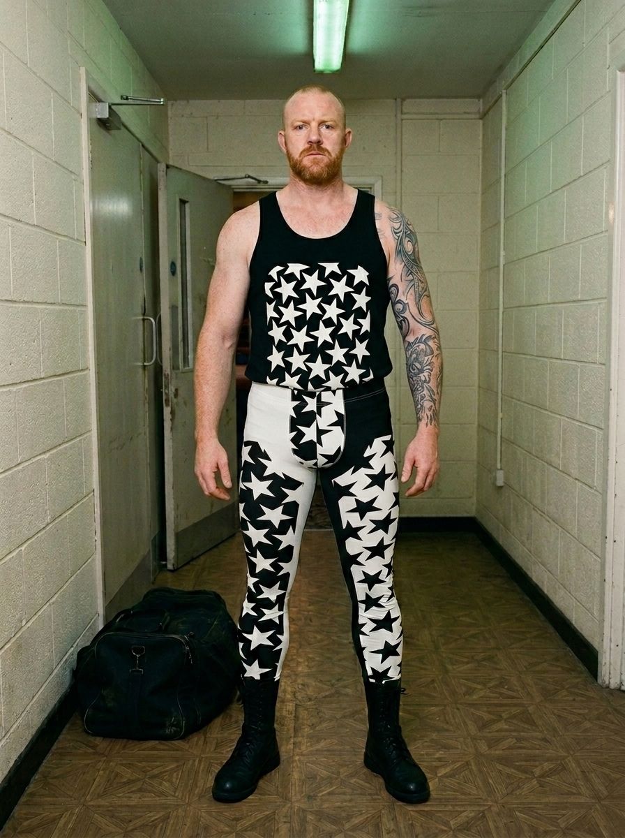 AI-generated model wearing Star Power tights in black and white, backstage corridor.