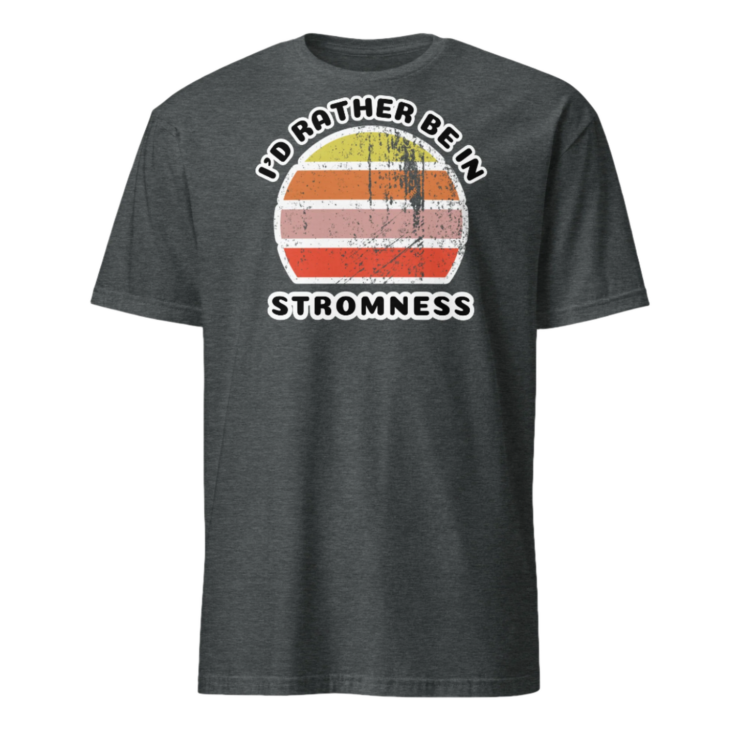 Vintage style distressed effect sunset graphic design t-shirt entitled I'd Rather be in Stromness on this dark heather cotton tee