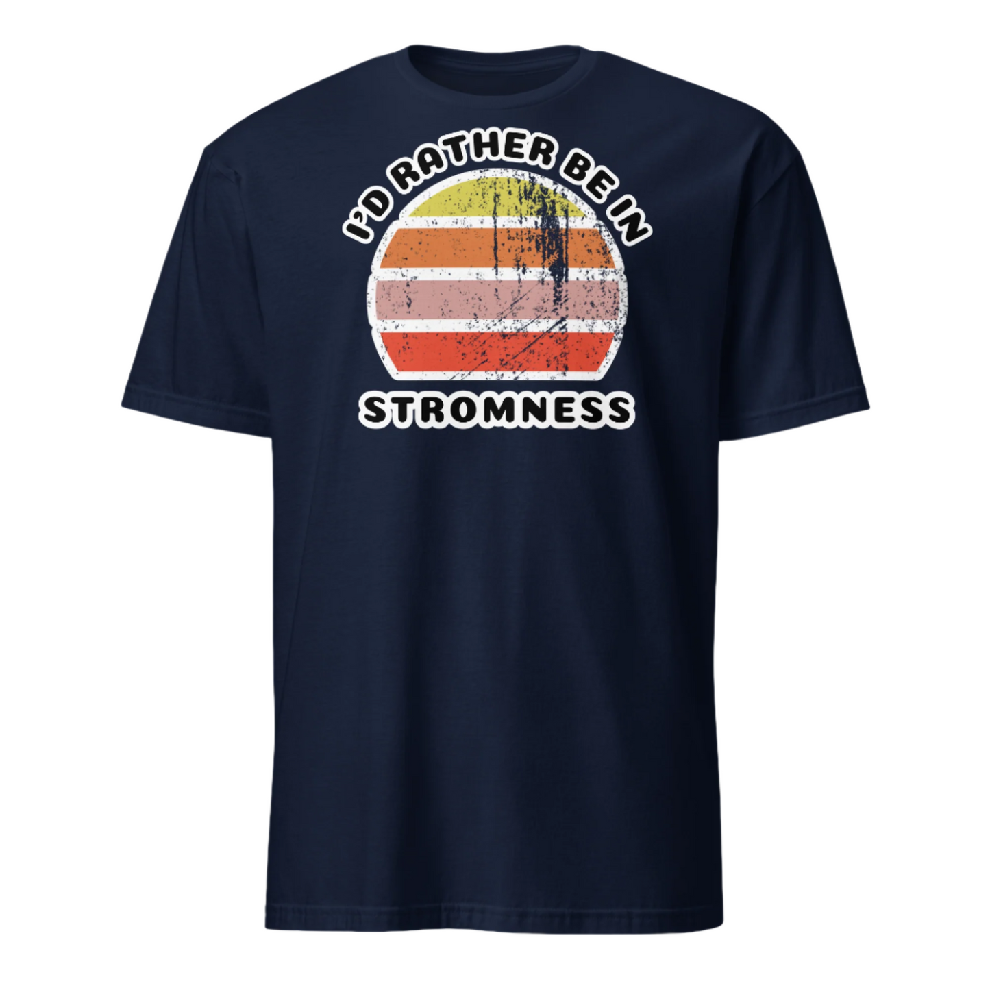 Vintage style distressed effect sunset graphic design t-shirt entitled I'd Rather be in Stromness on this navy cotton tee