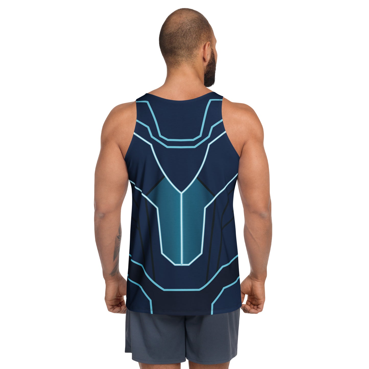 Back view of Synth Knight tank top with glowing geometric panels