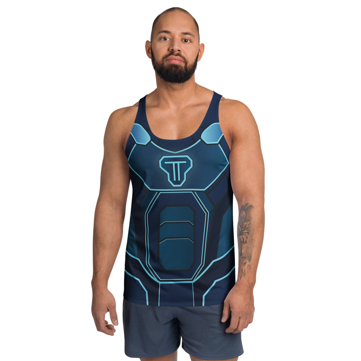 Men’s tank top featuring Synth Knight cyber armor design – front view