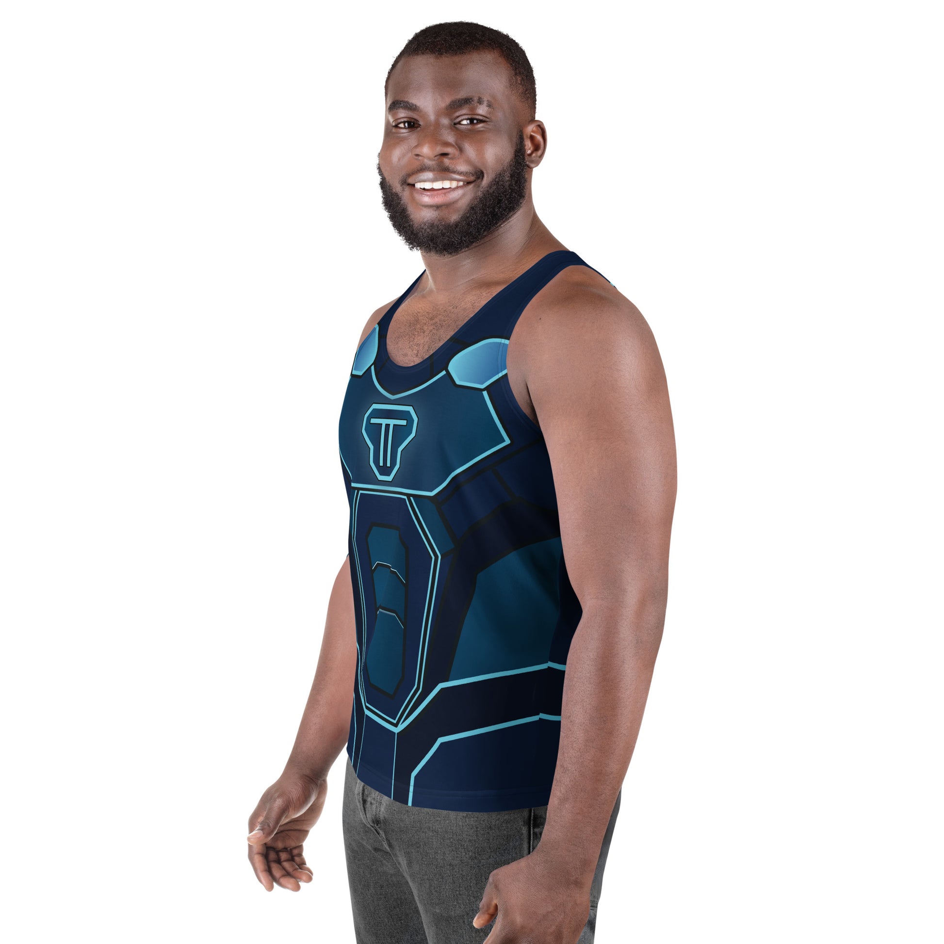 Model wearing Synth Knight cyber-armor tank top in navy and neon cyan