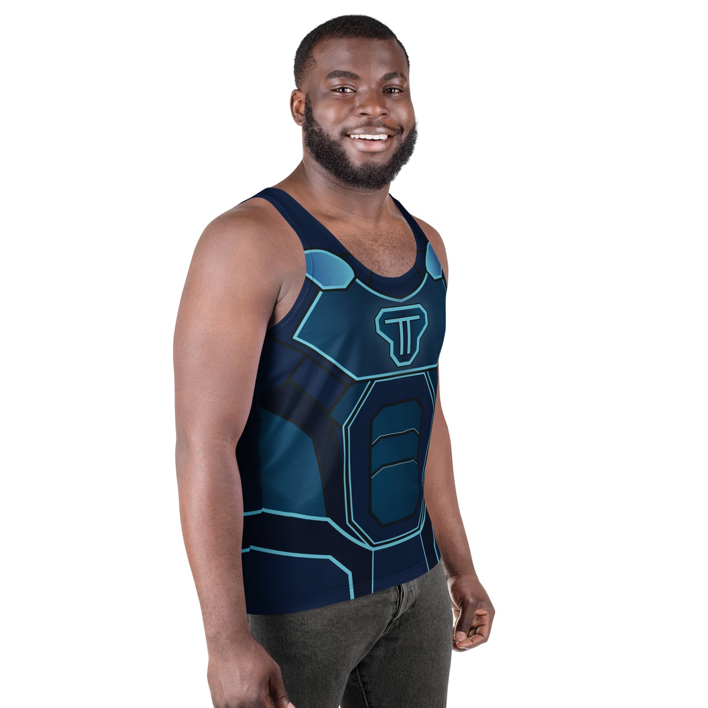 Side view of Synth Knight tank top with neon cyan armor lines