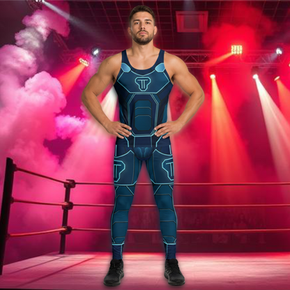 Synth Knight cosplay wrestling character wearing his trademark pro wrestling tights in dark navy and cyan neon-look armour design, with matching tank top.