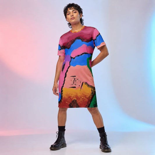 Person wearing a t-shirt dress in abstract art LGBT styling