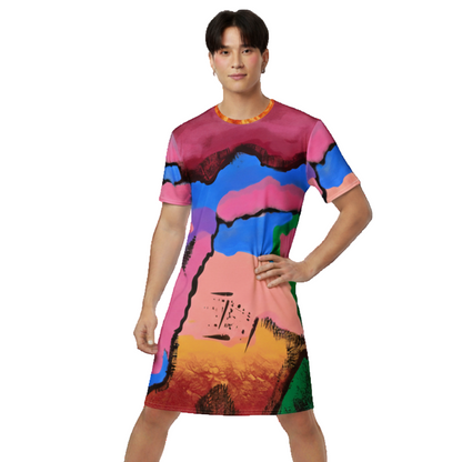 Gender neutral person wearing a colorful dress with abstract patterns on a white background