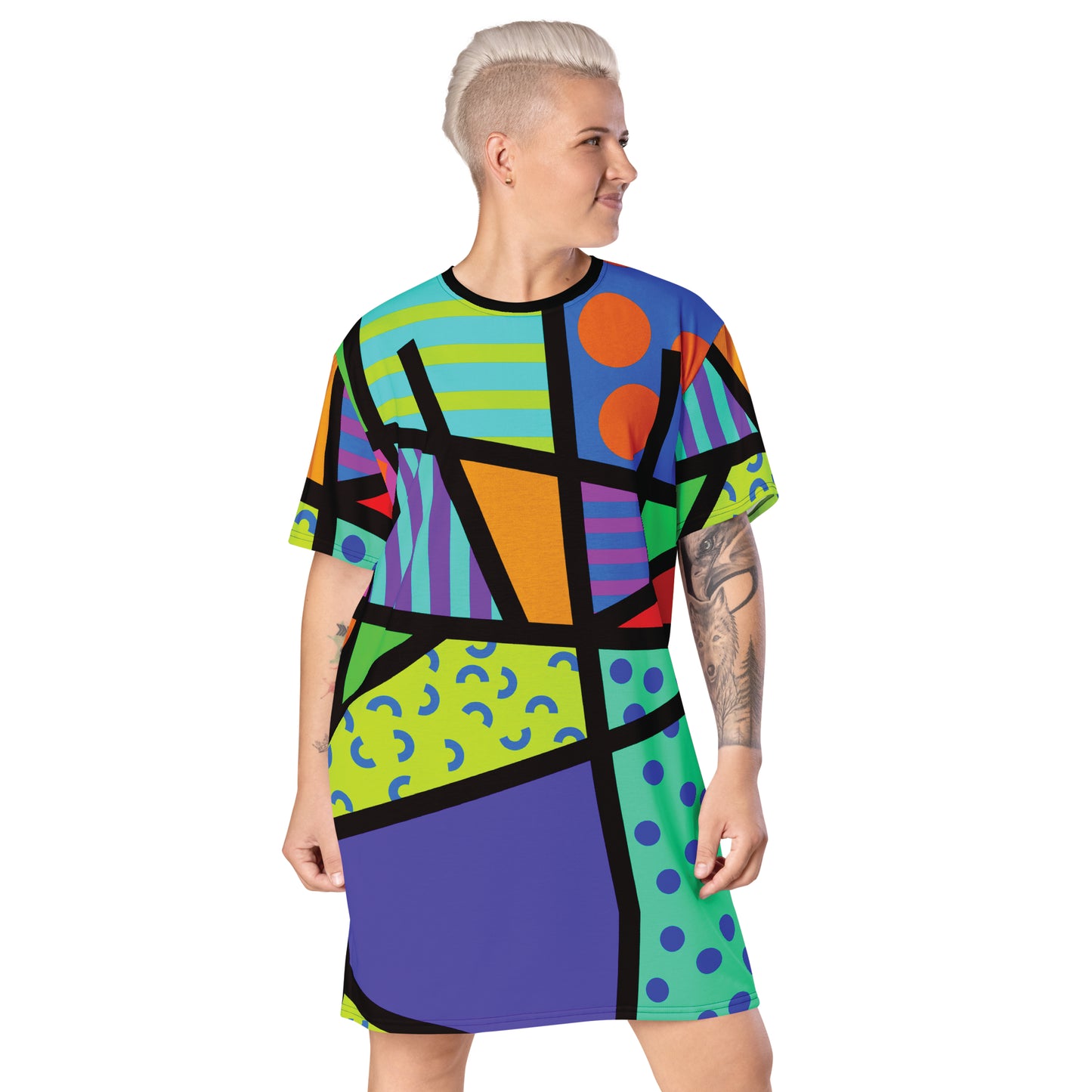 women’s geometric t-shirt dress in vibrant rainbow shapes and patterns