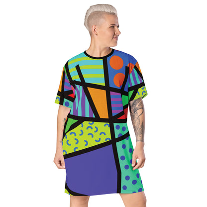 women’s geometric t-shirt dress in vibrant rainbow shapes and patterns