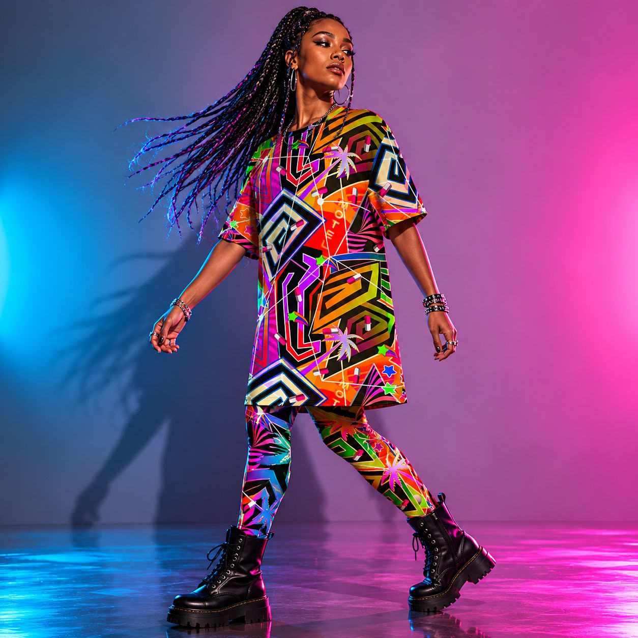 Person walking confidently wearing a bold, orange geometric t-shirt dress and matching leggings in the style of menhera kei and vaporwave, wearing black boots in a cyberpunk styling