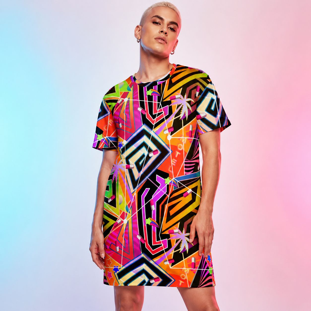 Person wearing a colorful orange geometric menhera kei vaporwave dress on a gradient background
