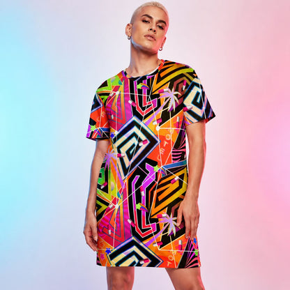 Person wearing a colorful orange geometric menhera kei vaporwave dress on a gradient background