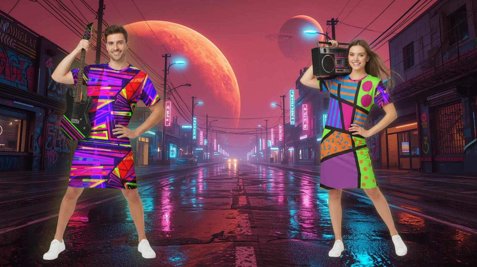 
                Farbenfrohe, geschlechtsneutrale T-Shirt-Kleider.
              