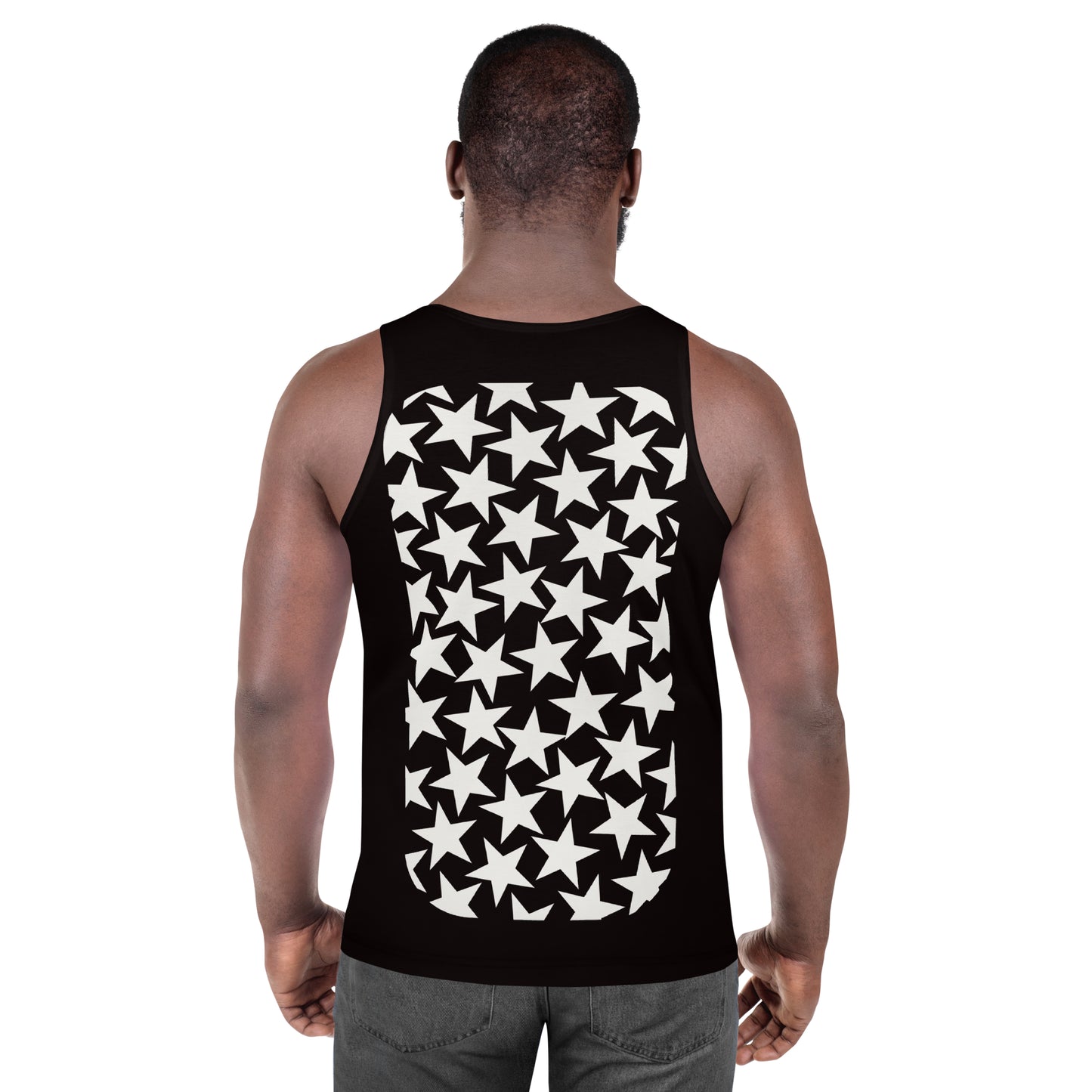 Mens tank top sports vest in black with white stars on the front and back. Relaxed fit pro wrestling gear.