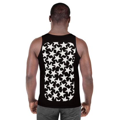 Mens tank top sports vest in black with white stars on the front and back. Relaxed fit pro wrestling gear.