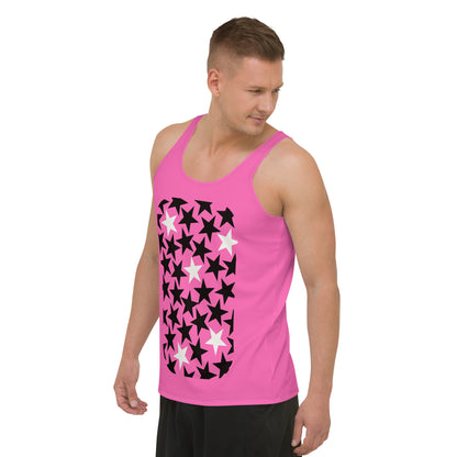 Mens tank top sports vest in hot pink with black and white stars on the front and back. Relaxed fit rave gear.