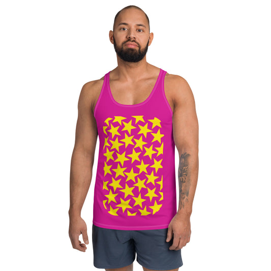 Mens tank top sports vest in pink with yellow stars on the front and back. Relaxed fit festival gear.