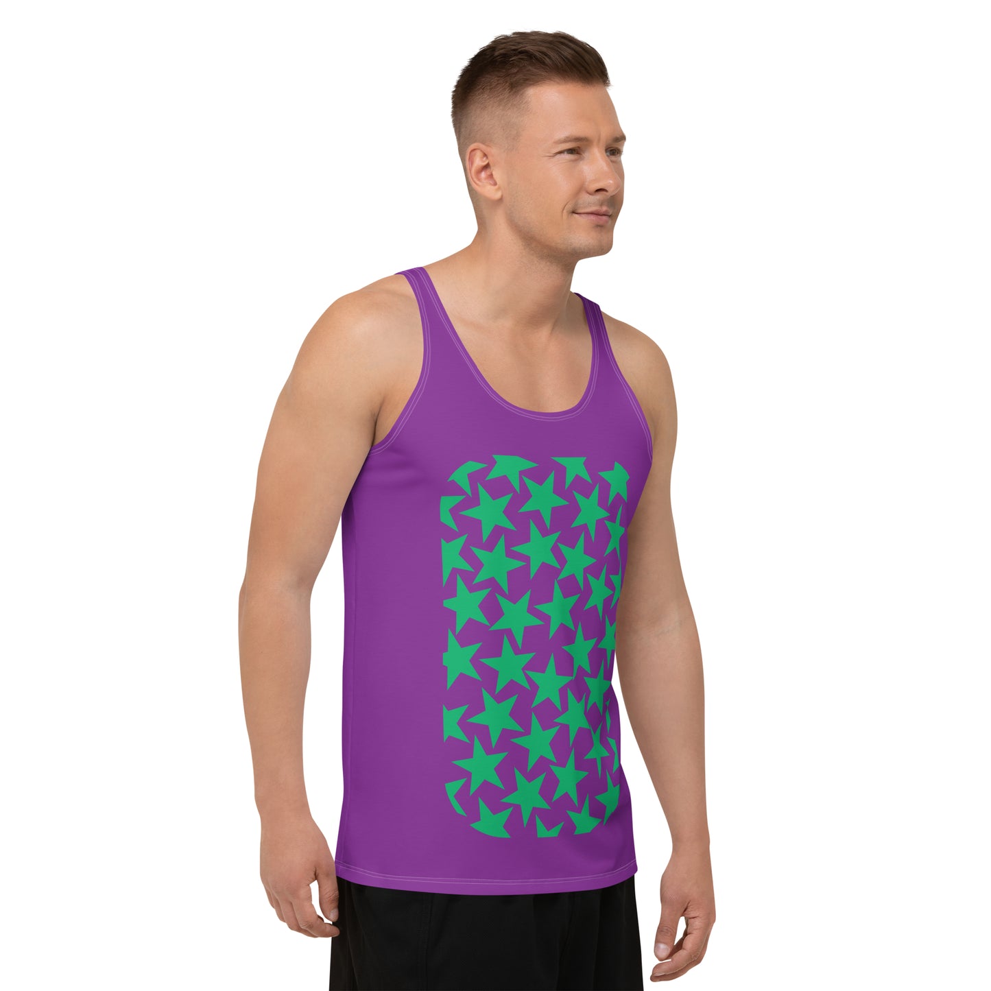 Mens tank top sports vest in purple with green stars on the front and back. Relaxed fit streetwear and clubbing gear.