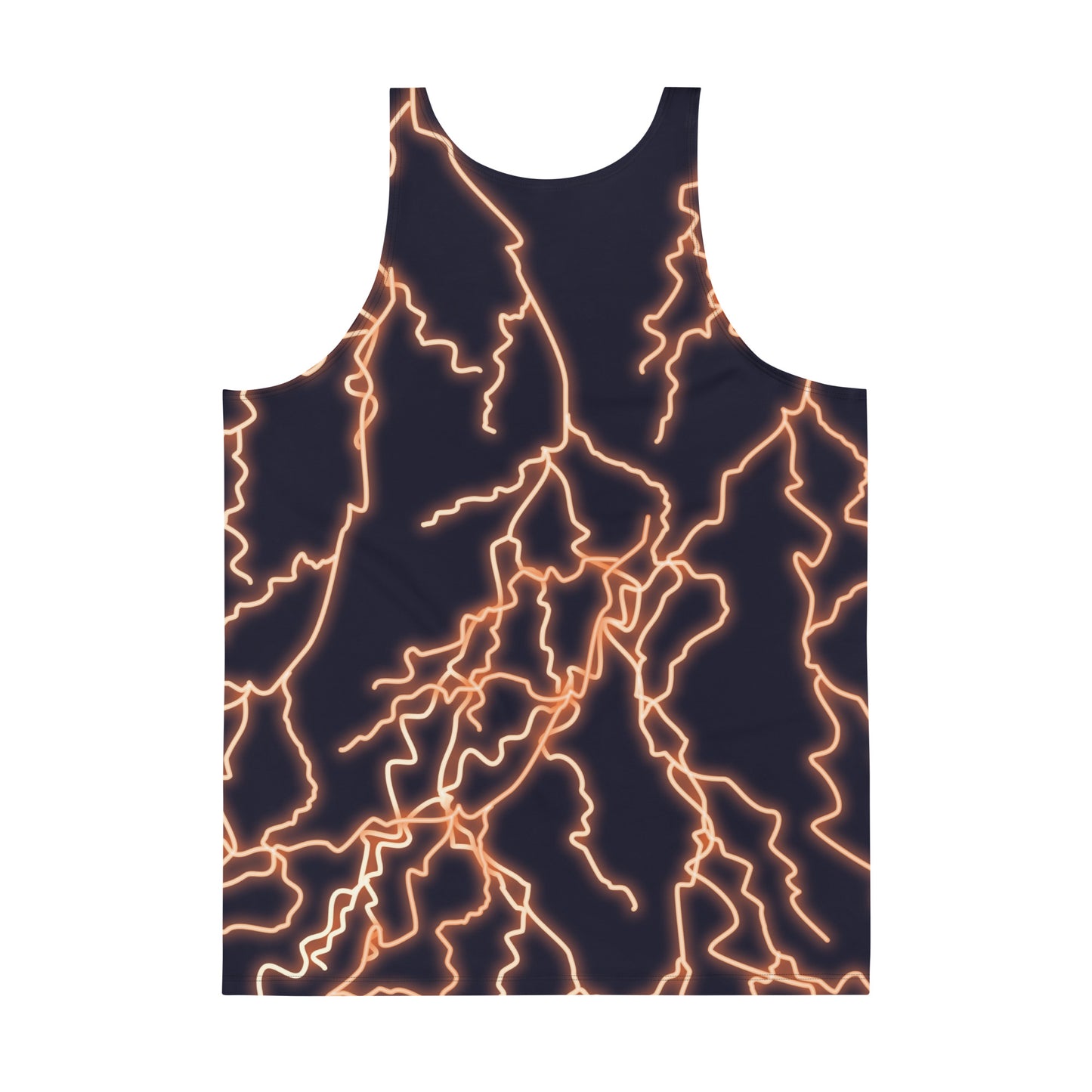 Back view of Thunder Jack tank top with branching lightning and dark storm fade.