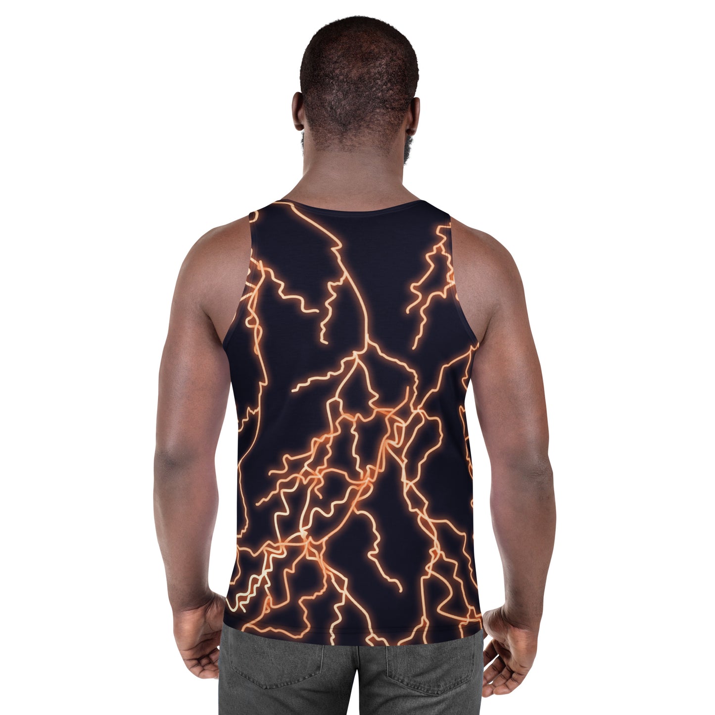 Back view of Thunder Jack tank top with branching lightning and dark storm fade.