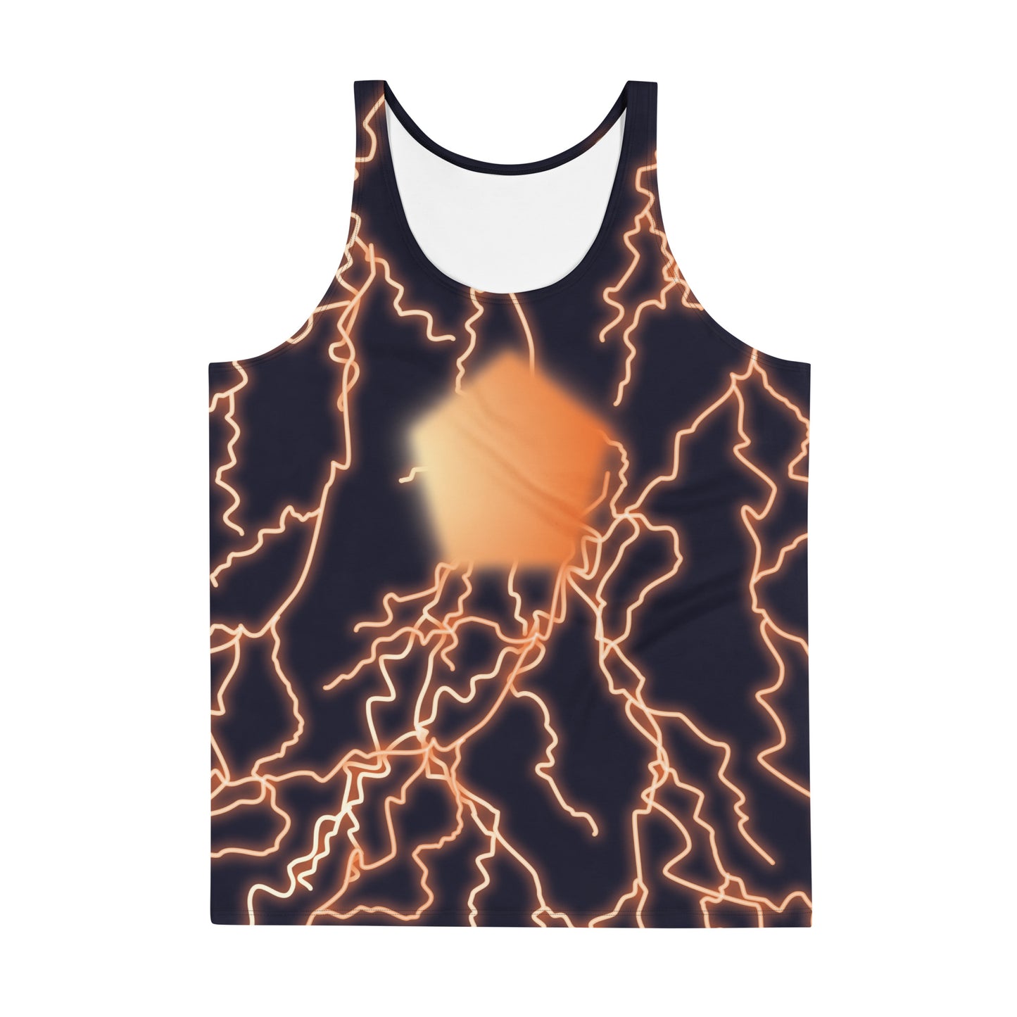Front view of Thunder Jack tank top showing storm-charged neon lightning artwork.