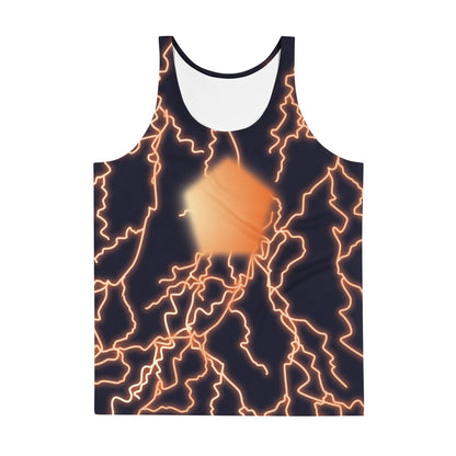 Front view of Thunder Jack tank top showing storm-charged neon lightning artwork.