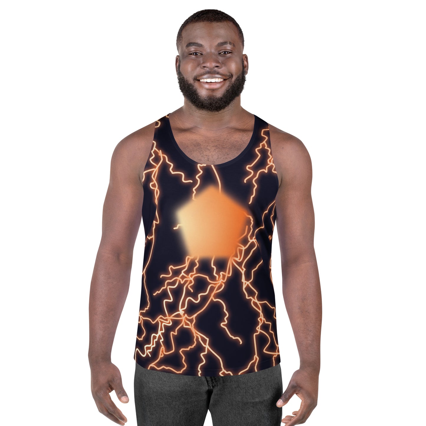 Men’s Thunder Jack tank top – neon yellow white lightning design with magenta glow, inspired by Overload Strikes