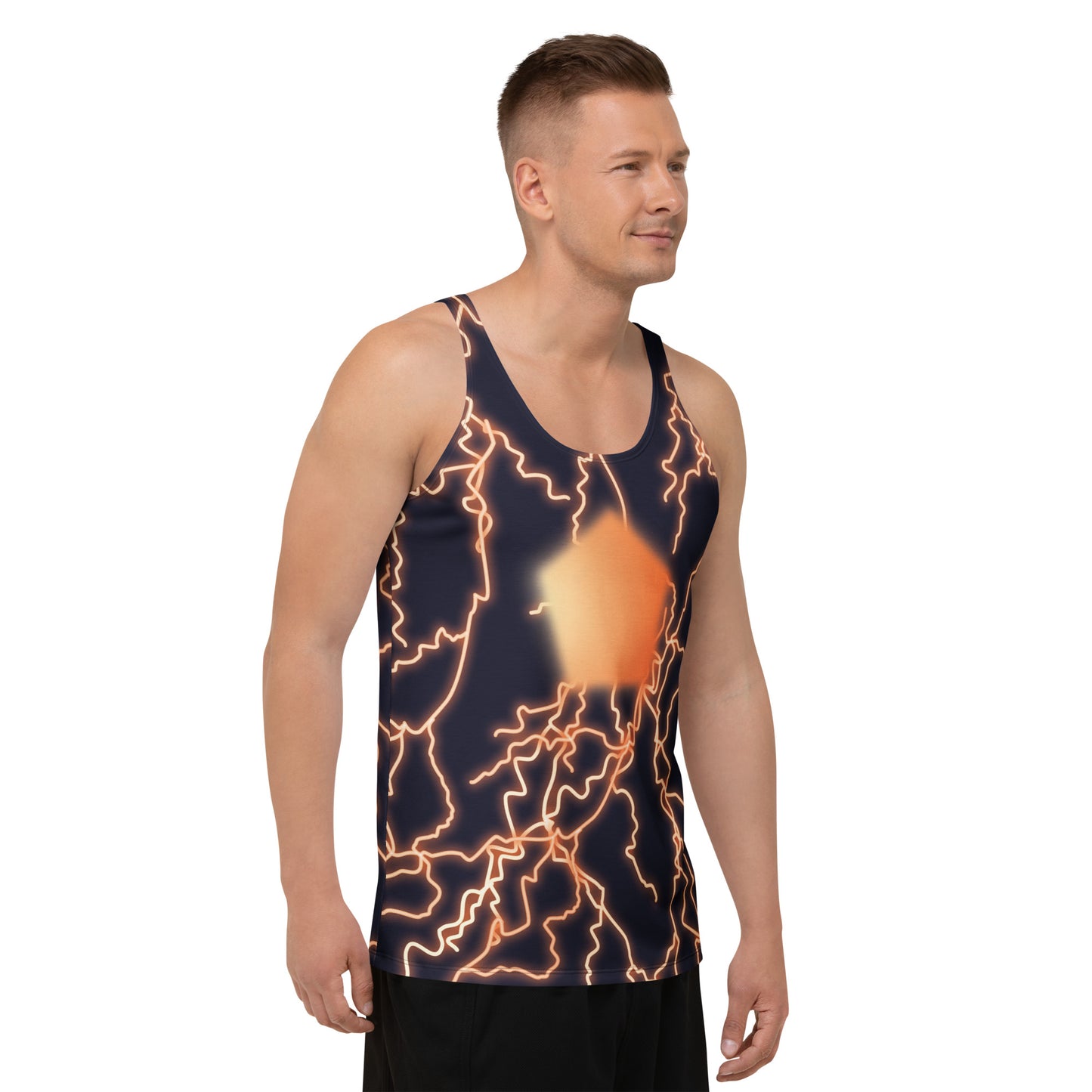 Lifestyle image – model wearing Thunder Jack inspired neon lightning tank top.