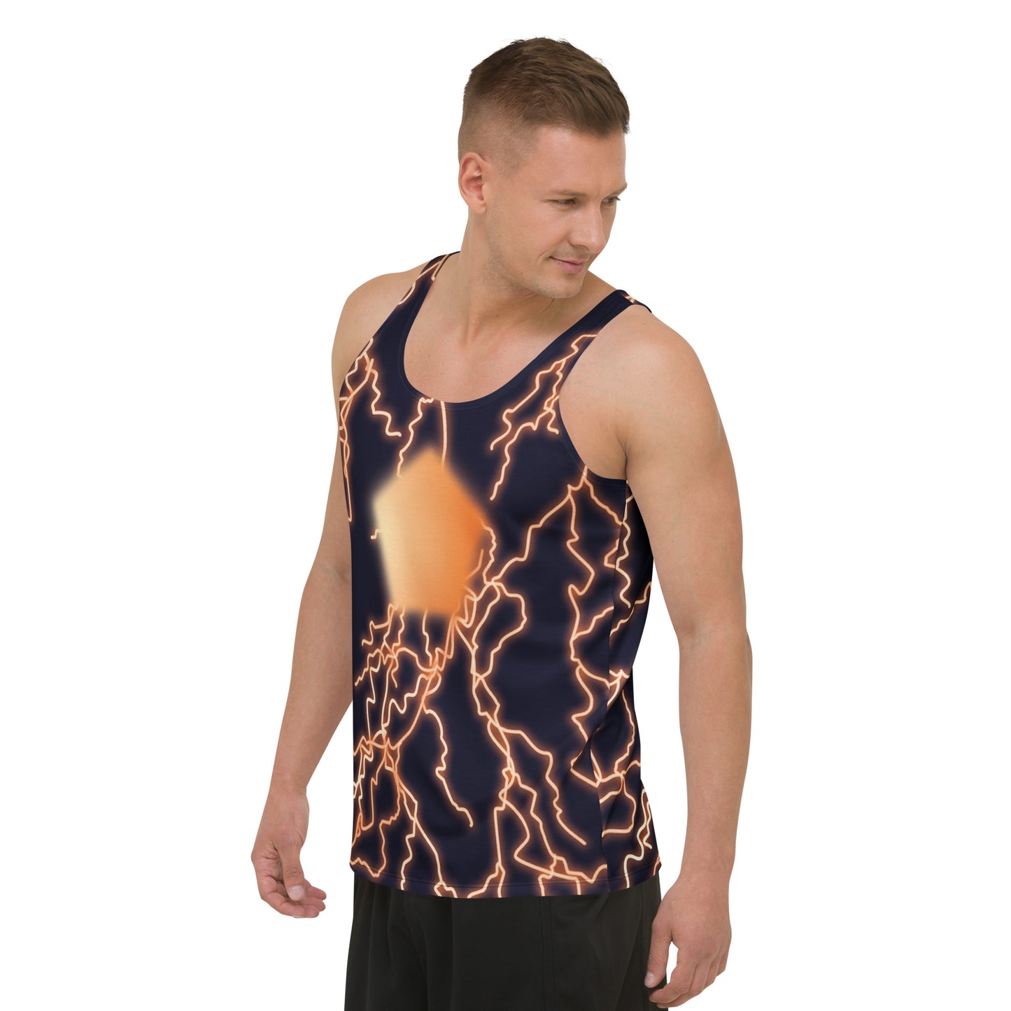 Lifestyle image – model wearing Thunder Jack inspired neon lightning tank top.