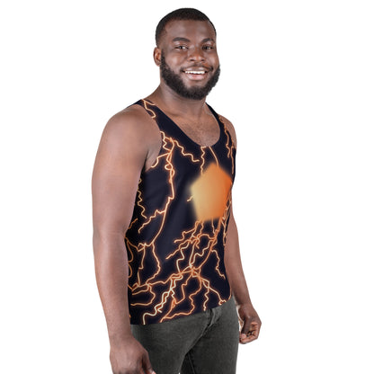 Lifestyle image – model wearing Thunder Jack inspired neon lightning tank top.