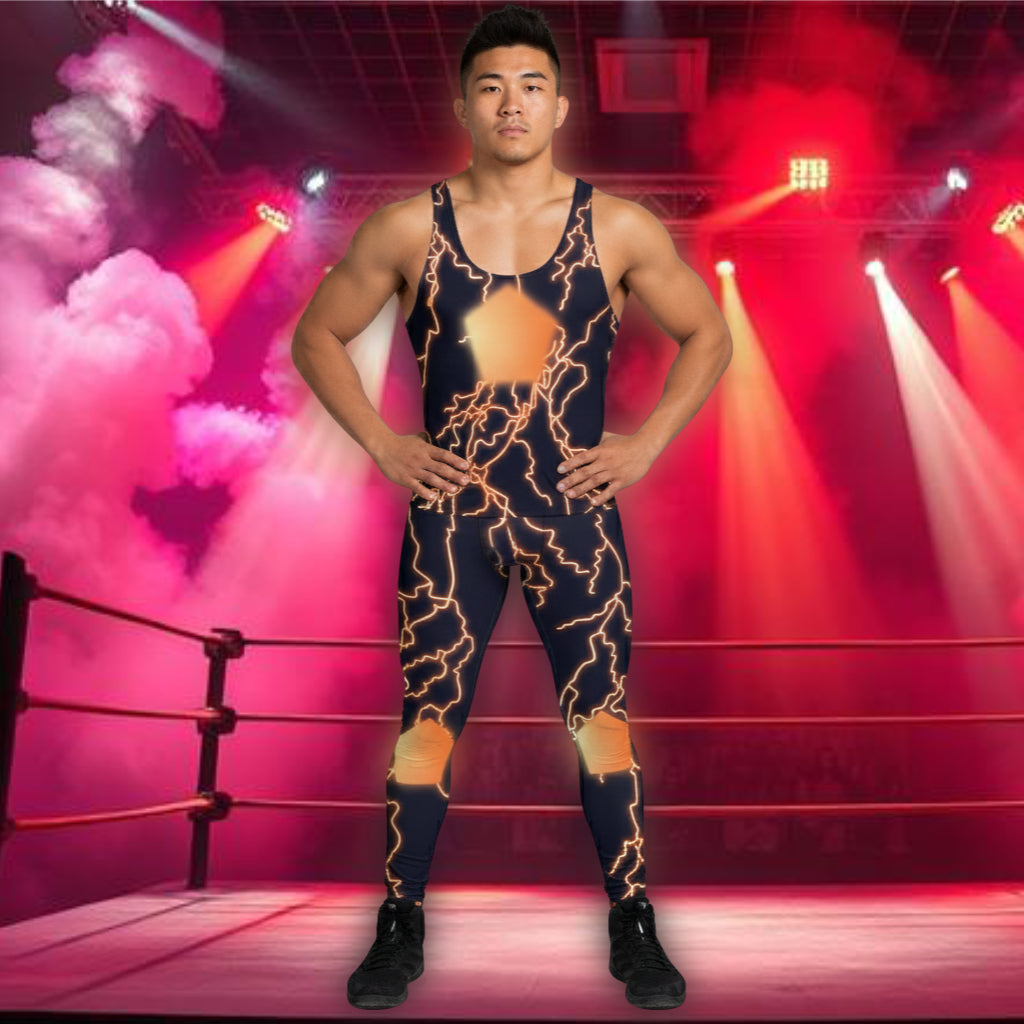 Man wearing Thunder Jack lightning wrestling tank top and matching leggings inside a neon-lit wrestling ring