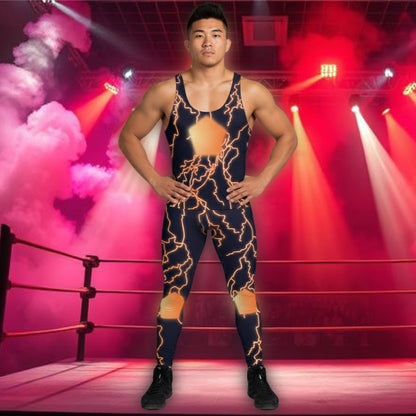 Man wearing Thunder Jack lightning wrestling tank top and matching leggings inside a neon-lit wrestling ring