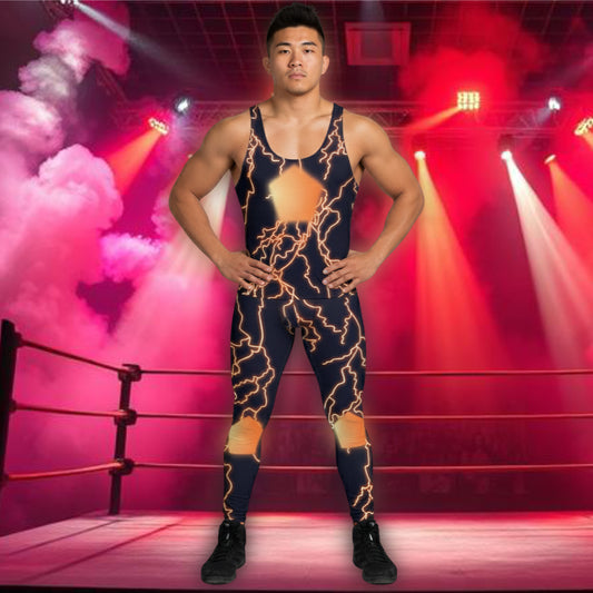 Man wearing Thunder Jack lightning wrestling tank top and matching leggings inside a neon-lit wrestling ring