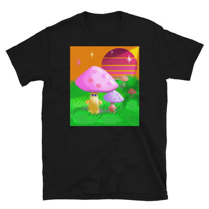 Camiseta gráfica con hongos al atardecer kawaii