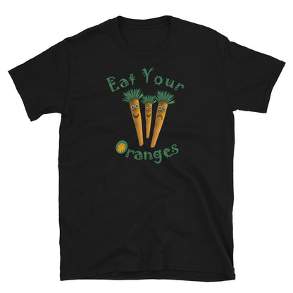 Camiseta gráfica con la frase "Come tus naranjas, zanahorias kawaii"