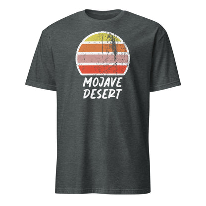 vintage sunset mojave desert graphic cotton t-shirt, with short sleeves and crew neck. Setting sun in a distressed effect in retro colors yellow, orange, pink and above the words Mojave Desert on this dark heather tee by BillingtonPix.