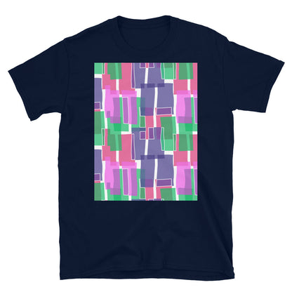 Gemustertes Kurzarm-Unisex-T-Shirt | Indigo 60er-Jahre-Stil | Mid Century Geometrisch