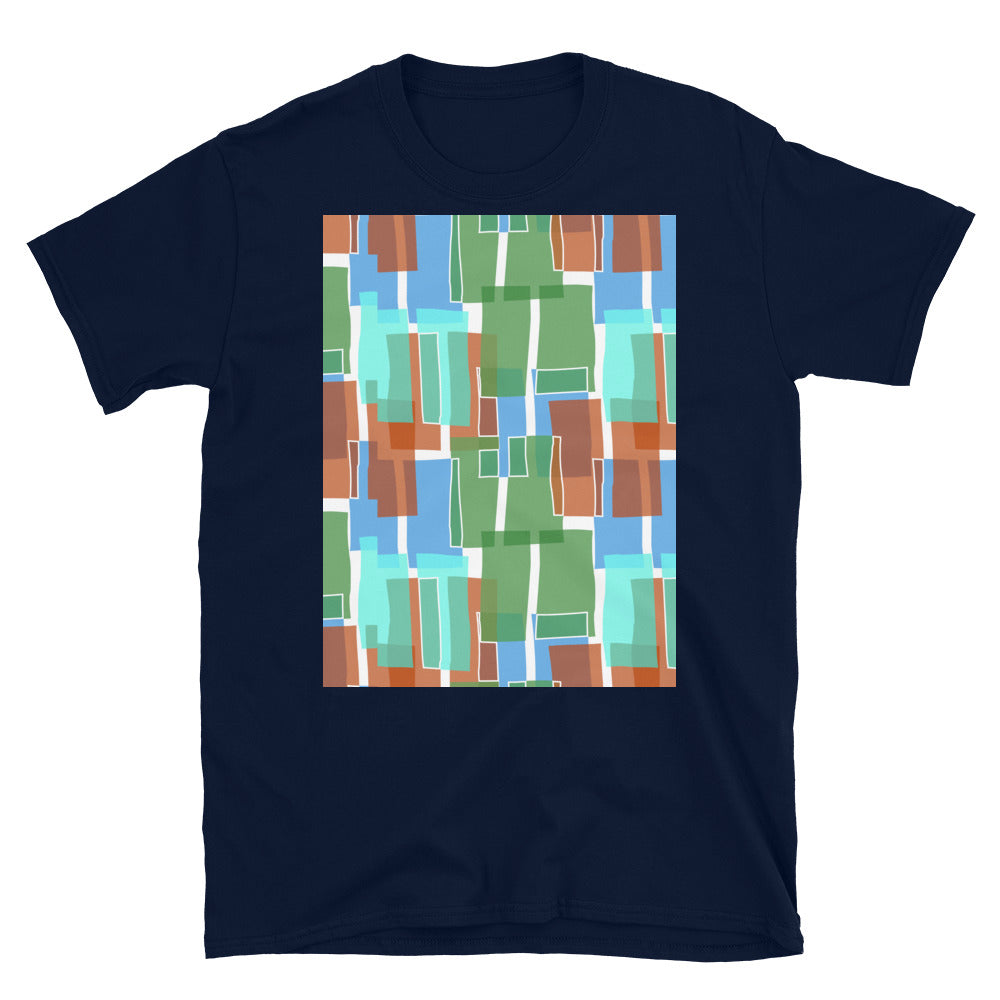 Gemustertes Kurzarm-Unisex-T-Shirt | Grüner 60er-Jahre-Stil | Mid Century Geometrisch