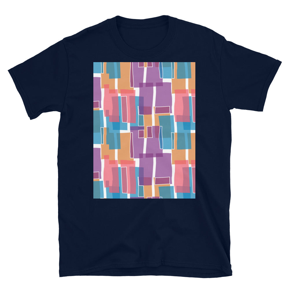 Gemustertes Kurzarm-Unisex-T-Shirt | Lila 60er-Jahre-Stil | Mid Century Geometrisch