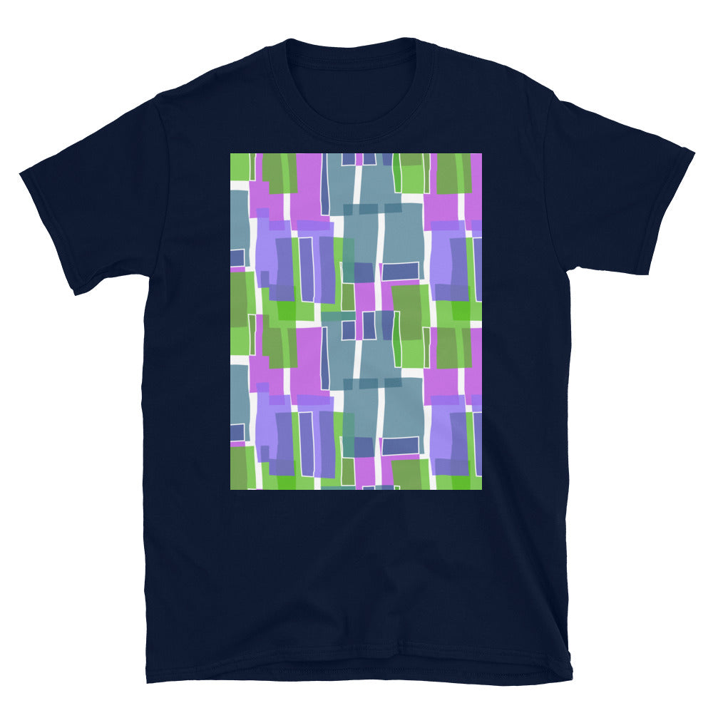 Camiseta unisex de manga corta estampada | Estilo años 60 en verde azulado | Geometría de mediados de siglo