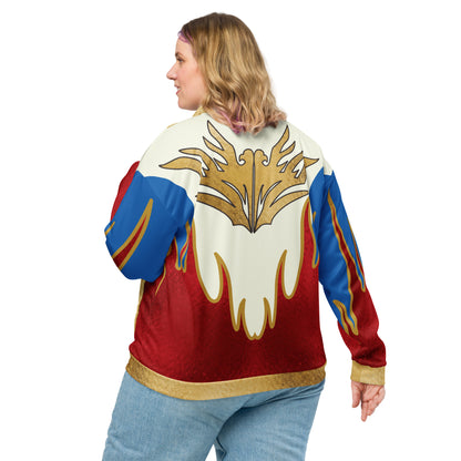 Woman wearing patriotic flame bomber jacket with large gold eagle crest back graphic
