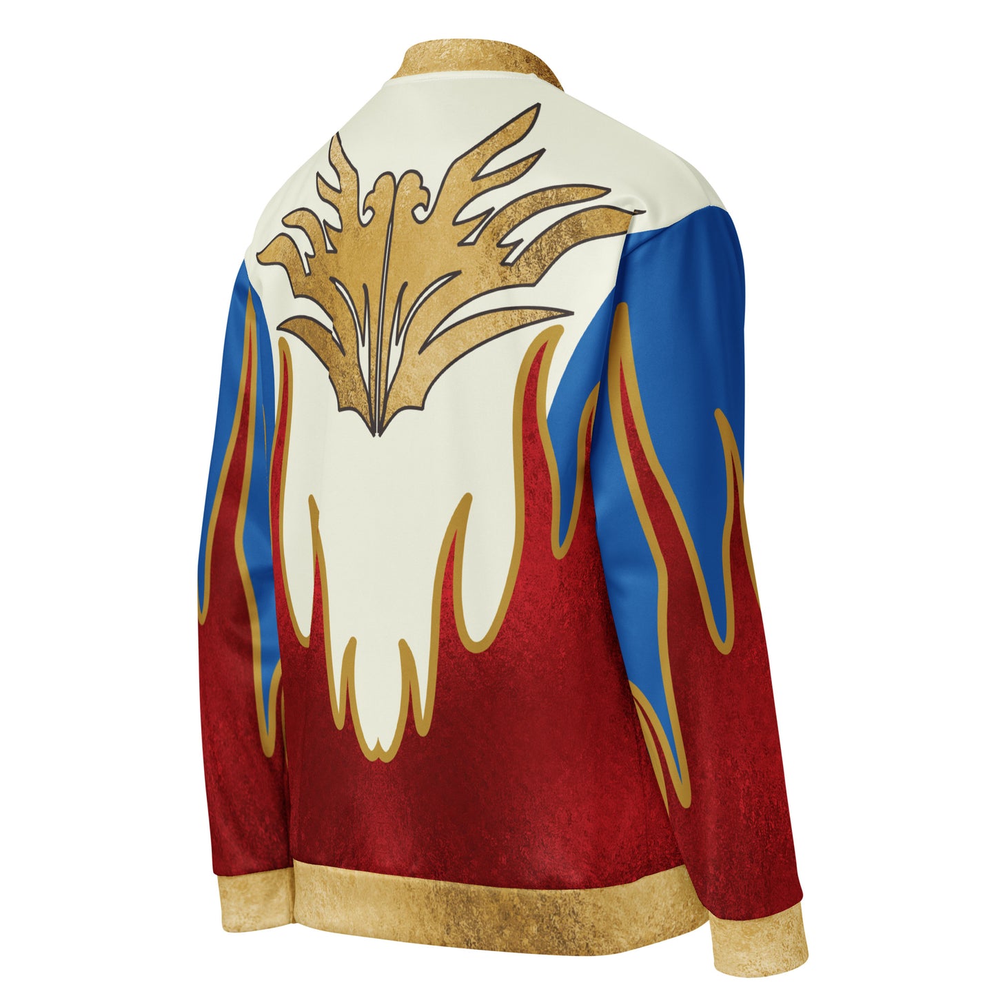 Patriotic flame bomber jacket with large gold eagle crest back graphic. Flat view from left.