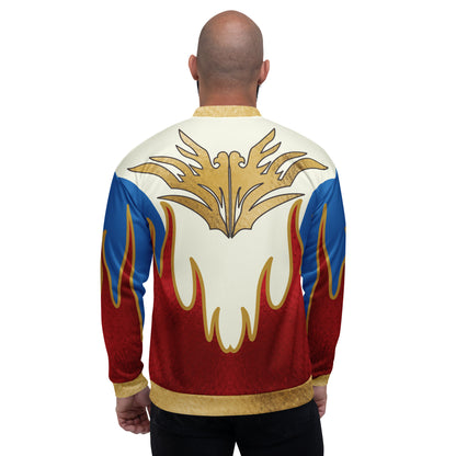 Patriotic flame bomber jacket with large gold eagle crest back graphic
