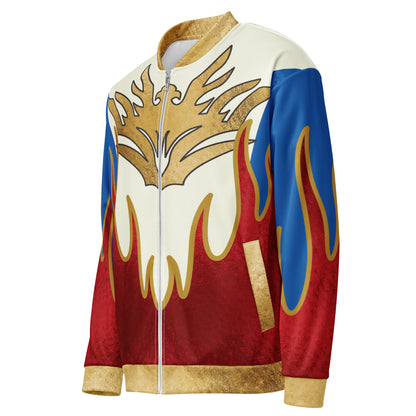Patriotic flame bomber jacket with large gold eagle crest front graphic. Flat view from left.