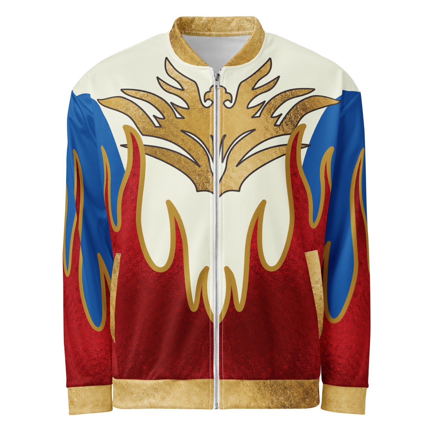 Patriotic flame bomber jacket with large gold eagle crest front graphic. Flat view from front.