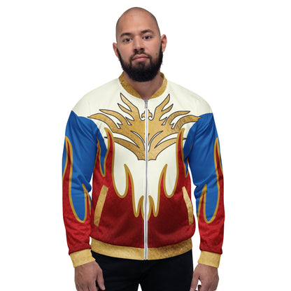 Patriotic hero flame bomber jacket with metallic eagle crest front design