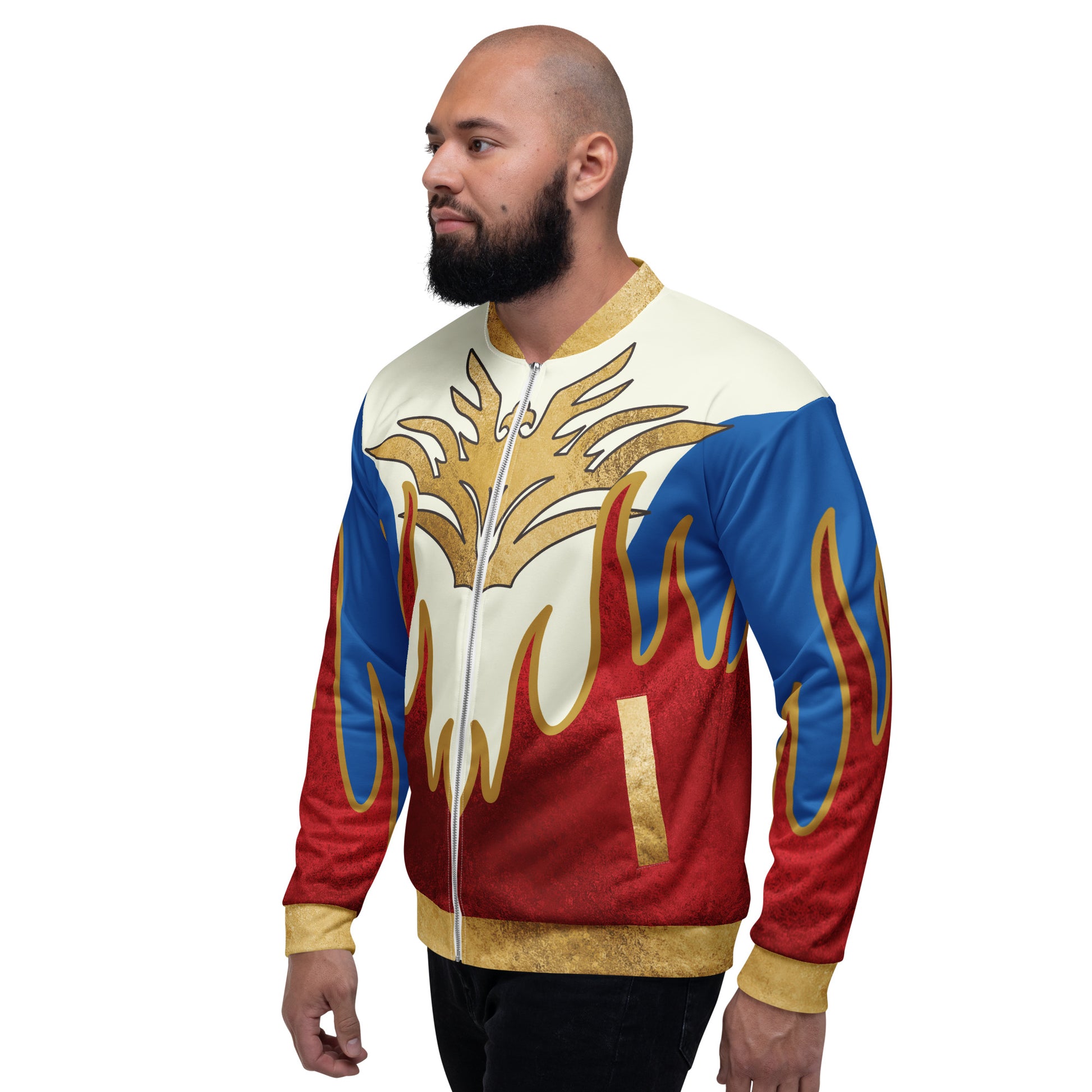 Wrestling-inspired patriotic bomber jacket with red flame sleeve panels