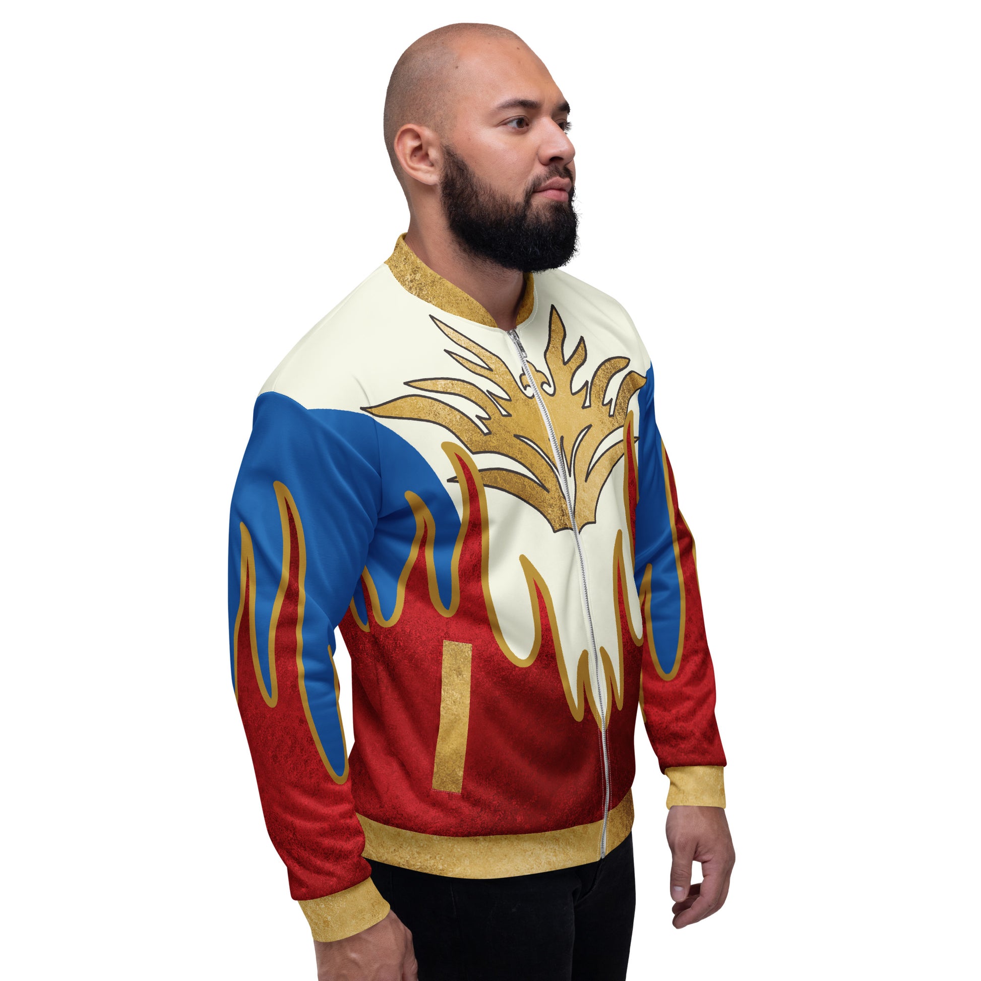 Men’s patriotic hero flame bomber jacket with eagle motif and flame detail