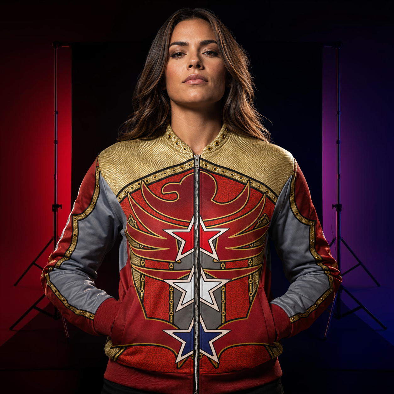 Woman wearing a superhero-themed arena entrance jacket with star designs on a dark background