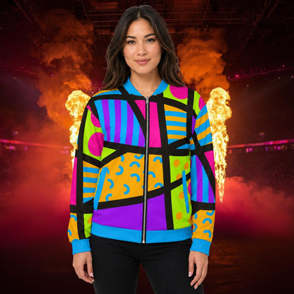 Person wearing a bold geometric patterned bomber jacket in Memphis style