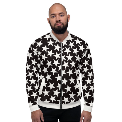 unisex bomber jacket in black with white stars, collar, waistband and cuffs. Pro wrestling style outfit for men and women with zipper front and pockets.